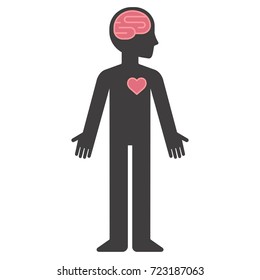 Cartoon Human Body Silhouette With Brain And Heart. Mind And Feelings Concept Vector Illustration.