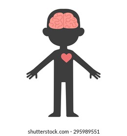 Cartoon Human Body Silhouette With Visible Brain And Heart.