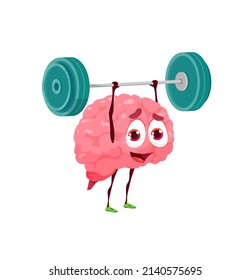 Caricatura de personaje de cerebro humano con barbacoa. Personal cerebral alegre haciendo ejercicios, entrenando elevando peso. Formación de mentes y memoria, desarrollo de inteligencia y creatividad, concepto de salud