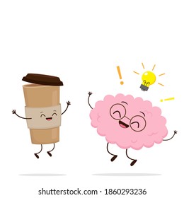 Cartoon human brain character with paper coffee cup. Take away coffee vector illustration