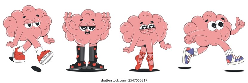 Cartoon menschlichen Gehirn Charakter in trendigen groovigen Stil gesetzt.Süße und glückliche Orgel. Vektoraufkleber und -elemente. 