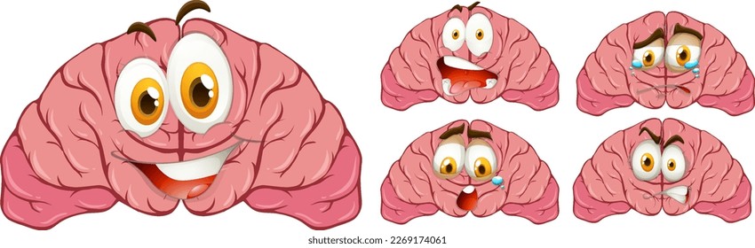 Caricatura del cerebro humano con ilustración de expresión facial