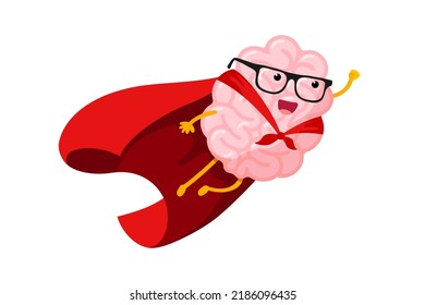 Cartoon human brain fly in sky as super hero. Clever central nervous system mascot superhero with glasses in red coat. Human mind organ character inspiration. Brainstorming and idea concept. Vector