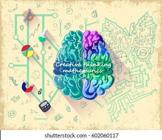 Cartoon human brain intelligence concept with influence of right creative hemisphere on more developed analytical left side vector illustration