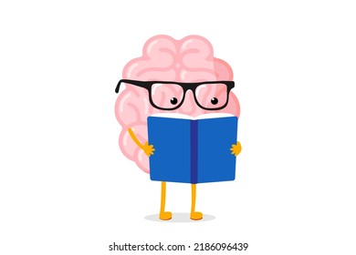 Cartoon human brain read book. Clever central nervous system mascot with glasses gain knowledge from literature. Human mind organ character learn and train intellect. Knowledge and education. Vector