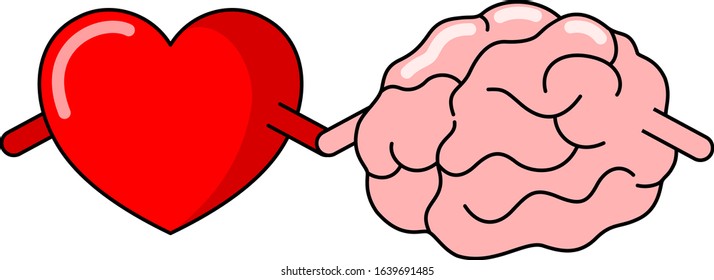 Cartoon Human Brain With Red Heart. Internal Organs.  Brain And Heart Concept.  Emotions And Rational Thinking. Vector Illustration Isolated On White Background.