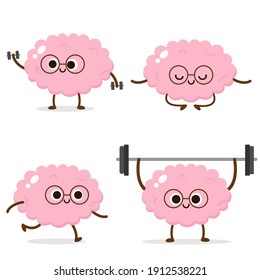 Cartoon human brain running, weight lifting, meditating. Sport cardio activity. Healthy lifestyle. Funny brain workout. Mind exercise, memory, willpower and concentration training vector illustration