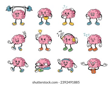 Cartoon human brains mascot. Strong memory brain character has idea, mind questions and do healthy sport exercises 1930s rubber hose style vector illustration set of strong memory and intelligence