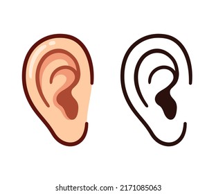 Cartoon human ear icon, simple line drawing. Color and black and white outline. Isolated vector clip art illustration.