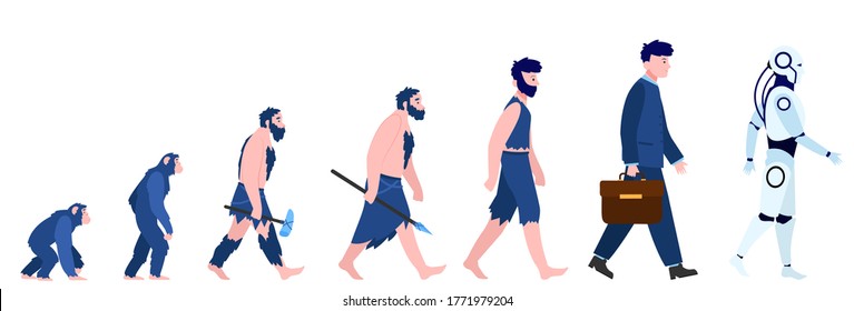 Cartoon human evolution isolated flat vector illustration. Man from monkey and caveman to cyborg or robot. Reality, history and anthropology concept