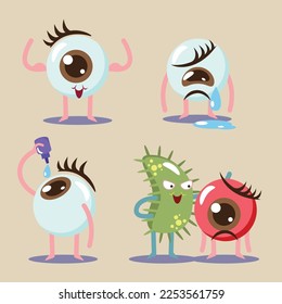 cartoon human eyes clear, healthy, injury ,tried with medical dropper for first aid and pink (red) eye or conjunctivitis causes of viruses, bacteria, allergens.