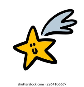 Cartoon human face star falling down  from the sky. Vector illustration of space character with tail.