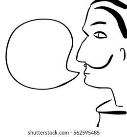 Cartoon Human Face With Text Bubble Vector Illustration. Man With Mustache And Black Hair With Speech Bubble. Salvador Dali Portrait. Hand-drawn Person Speaking. Comic Style Character With Text Place