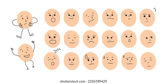 Cartoon human faces with diverse emotions. Children face illustration with different feelings. People facial expressions. Emotions icons.