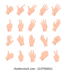 Cartoon human female or male hands poses and gestures. Hand holding, pointing, fist, peace and open palm expression. Arm position vector set. Body language symbols, counting numbers