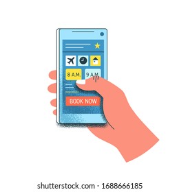 Cartoon human hand hold smartphone with button book now on screen isolated on white. Travel person use online booking mobile application vector flat illustration. Service for order ticket and hotel