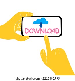 Caricatura mano humana sosteniendo el teléfono móvil con botón de descarga en pantalla, aislado en fondo blanco. Concepto de compras en línea. Ilustración del vector