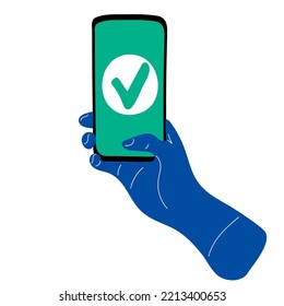 Cartoon human hand holding mobile phone with Check Mark on screen, isolated on white background. To do list, time and task management, done, complete. Vector illustration