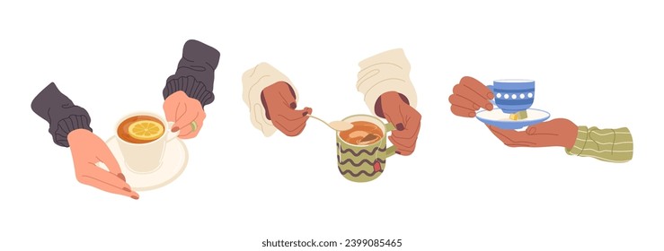 Cartoon human hand holding mug with tea, cup of warm beverage and morning espresso isolated set