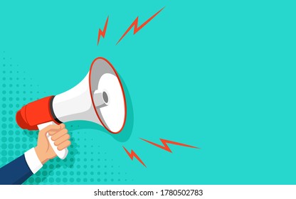 Cartoon human hand holding Red and white megaphone, Digital marketing advertising promotion announcement concept, vector illustration