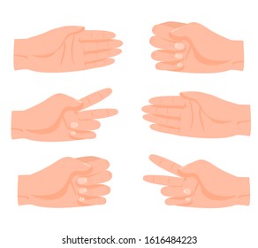 Cartoon human hand rock, scissors, paper game gestures set vector graphic illustration. Collection of arm and fingers playful competition gesturing isolated on white background