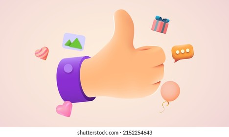 Cartoon human hand with thumb. Concept of like at social network, success or good feedback. 3d vector illustration