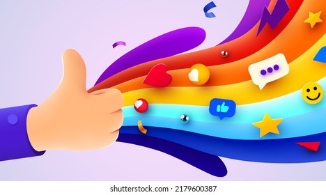 Caricatura mano humana con pulgar. Concepto de como en la red social, éxito o buena retroalimentación. 3.ª ilustración vectorial