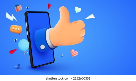 Cartoon human hand with thumb and smartphone. Concept of like at social network, success or good feedback. 3d vector illustration