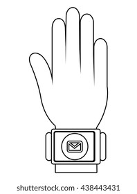 cartoon human hand wearing square watch with circle on the screen and mail icon over isolated background, vector illustration