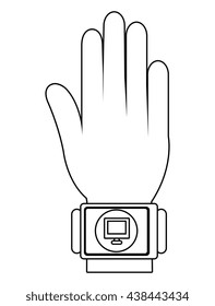 cartoon human hand wearing square watch with circle on the screen and computer icon over isolated background, vector illustration
