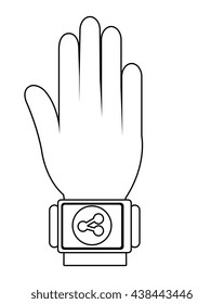 cartoon human hand wearing square watch with circle on the screen and share icon over isolated background, vector illustration