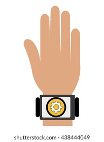 cartoon human hand weating black watch with yellow circle  and white settings icon on the screen over isolated background, vector illustration 