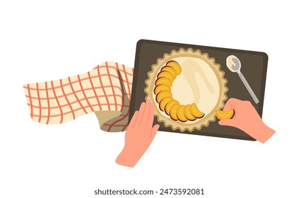 Cartoon human hands cooking apple fruit pie flat view from above isolated on white background