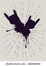 Cartoon human hands with gestures, grunge silhouette with splatters.