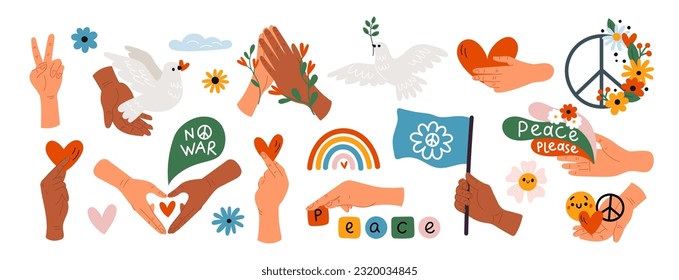 Cartoon human hands hold peace symbols. Love and freedom. Peacekeeping signs. Stop wars stickers. Pacific flag and heart in arms. Rainbow and flowers. White dove bird