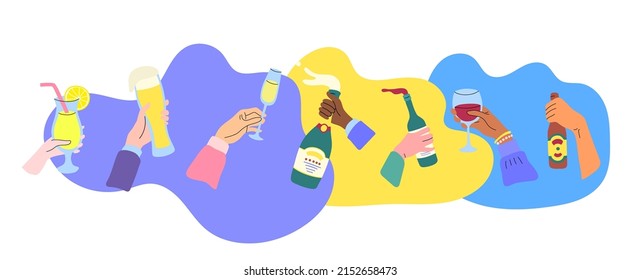 Cartoon Human Hands Holding Alcoholic Drinks Set Party or Toast Concept Flat Design Style. Vector illustration