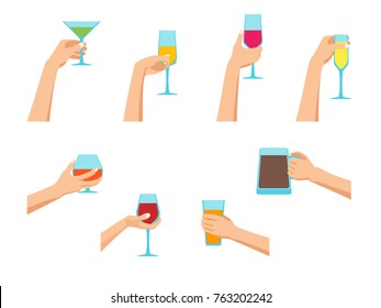 Cartoon Human Hands Holding Glasses Set Celebration of Holiday Concept Flat Design Style. Vector illustration of Hand Hold Glass