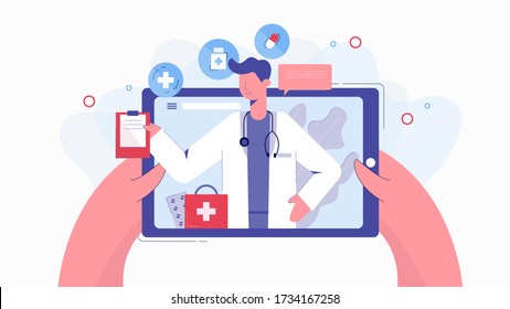 Cartoon human hands holding tablet chatting with doctor online vector flat illustration. Colorful male therapist giving prescription use digital display technology isolated on white background