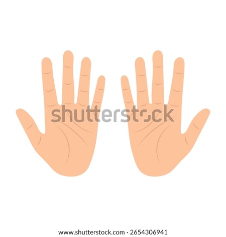 Cartoon Human Hands Palms Up Vector Illustration. The image shows both left and right hands with visible palm lines, fingers fully extended and thumbs spread apart.