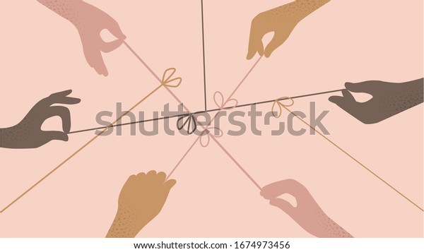 Cartoon human hands pulling on strings trying\
untie simple knots top view isolated. Team of different people arms\
collaborating together vector flat illustration. Concept of\
resolving problems\
easily