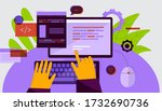 Cartoon human hands typing on keyboard of computer desktop vector flat illustration. Person arms working writing code programming pov view isolated on white. Hacker or programmer coding