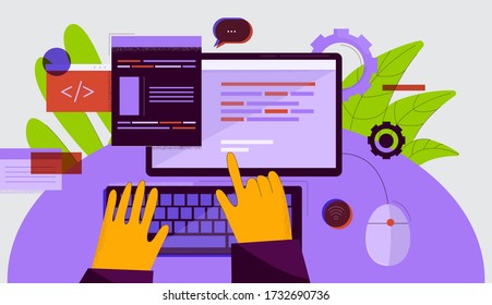 Cartoon human hands typing on keyboard of computer desktop vector flat illustration. Person arms working writing code programming pov view isolated on white. Hacker or programmer coding