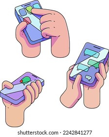 Caricatura de manos humanas usando smartphones