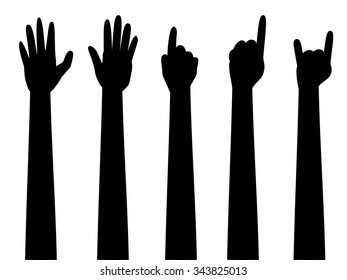 Cartoon human hands with various gestures, simple silhouette.