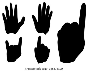 Cartoon human hands with various gestures, simple silhouette.