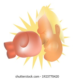 Cartoon The human head of the man being punched by a glove 