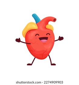 Cartoon human heart body organ kawaii character. Vector happy and healthy anatomical cardiovascular system personage rejoice with cute smiling face. Cardiology health care, medicine education for kids