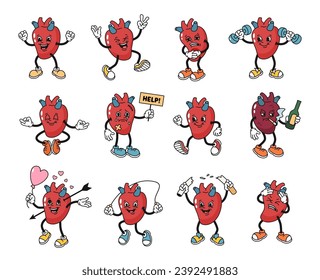 Caricatura mascota del corazón humano. Carácter cardíaco dañado e incómodo, hábitos saludables y personajes del corazón feliz en los años 30 estilo manguera de goma conjunto de ilustración vectorial de anatomía cardíaca de carácter