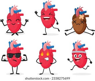 Cartoon Human heart organ emotion, set of Cute characters, Isolated on white background