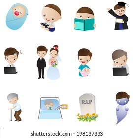 Cartoon Human life icon, a man from birth being a baby, study, graduate, then marry and have kid be a sick elder to death in the grave representing truth of life, create by vector